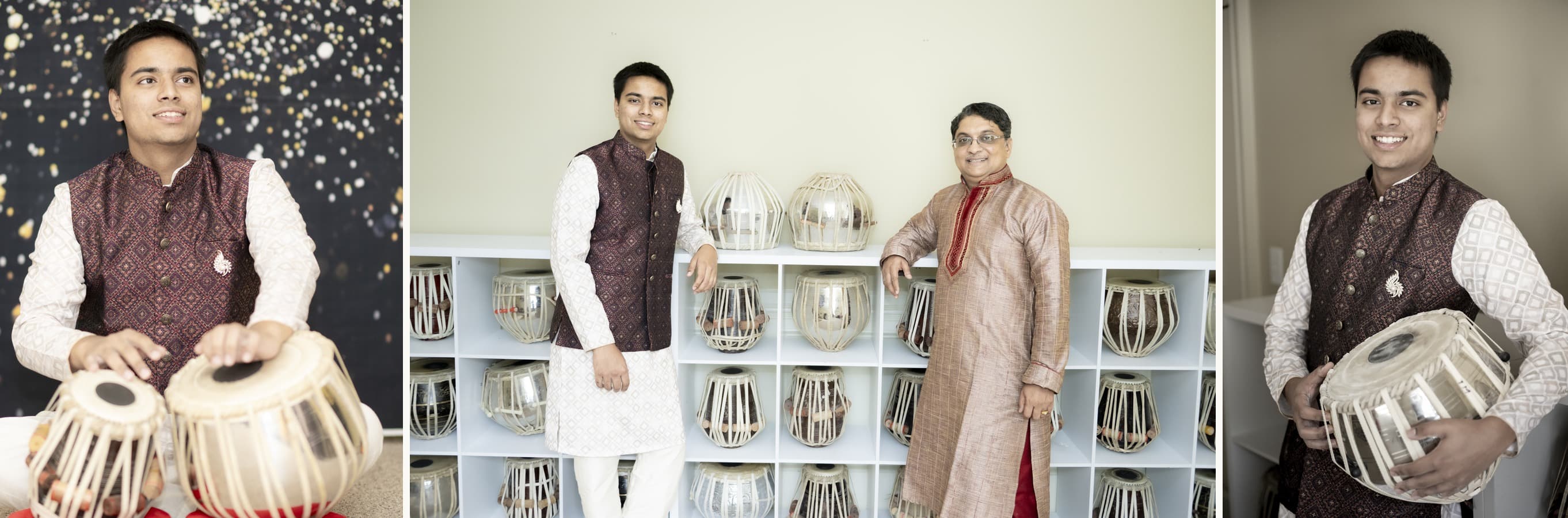 Akarsh Malavalli playing tabla, Akarsh with his guru Sri Shivprasad Kotagal, and Akarsh Malavalli